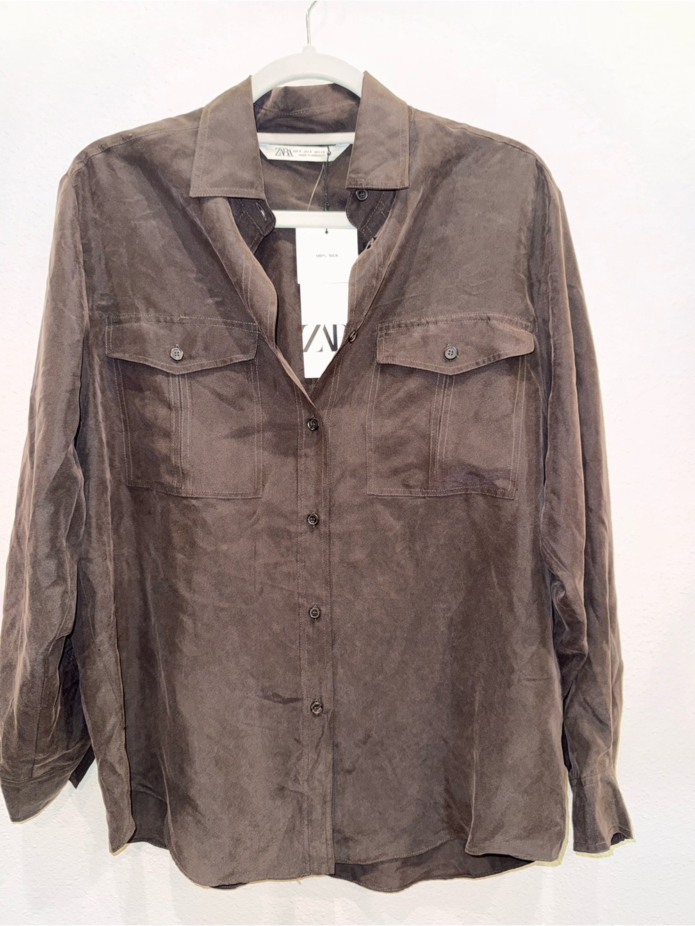 Zara Brown Button-Front Long-Sleeve Blouse